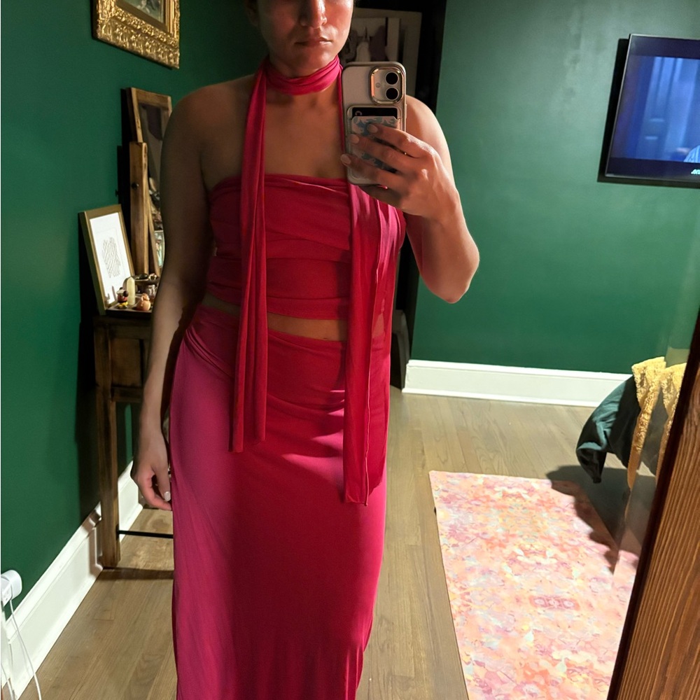 Pull&Bear Bright Pink Two-Piece Skirt Set w scarf